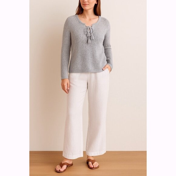 J. Jill Open Knit Lace Up Sweater Women’s Size M Gray Boho Coastal - Picture 1 of 11